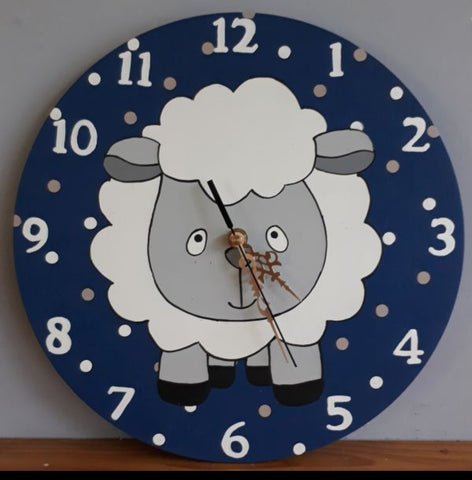 Sheep on navy wooden clock